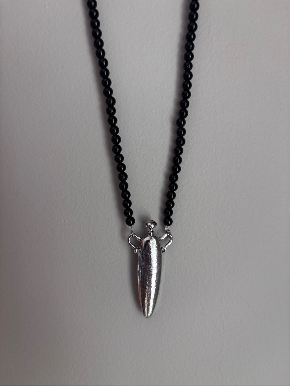 Silver Tone Perfume Bottle Black Agate Stone Strand Necklace